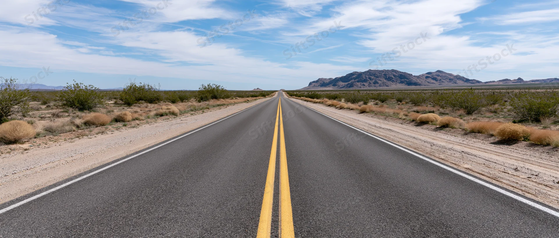 Straight asphalt highway stretching through arid desert landscape toward distant mountains under blue sky with clouds