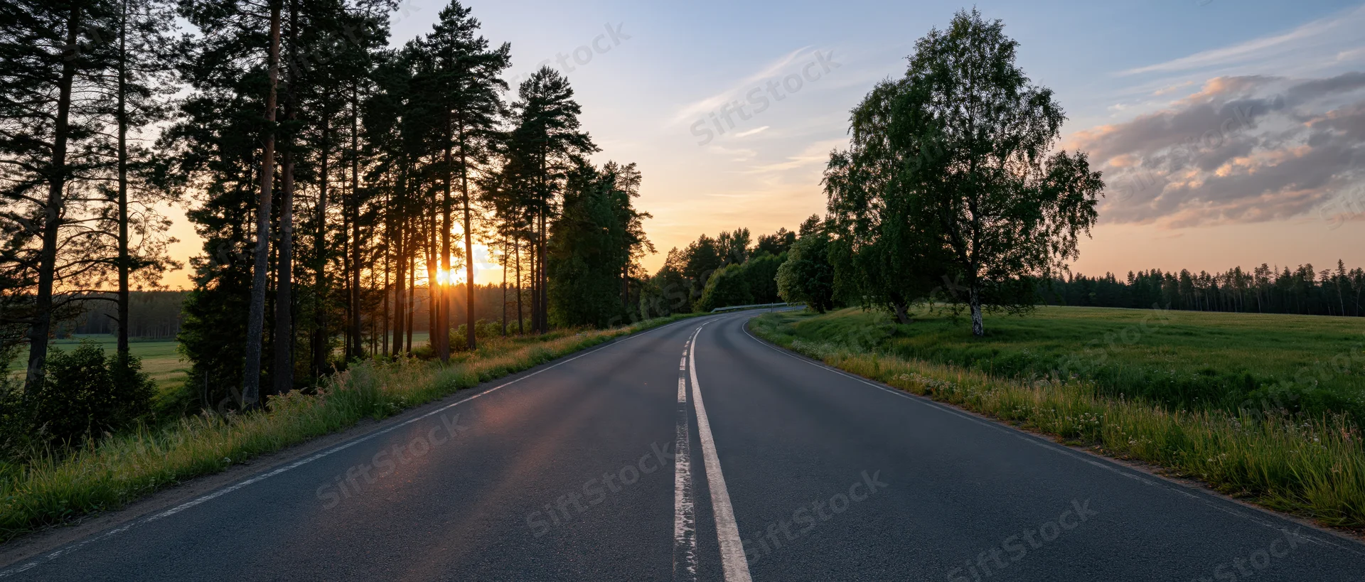 Curving two-lane asphalt road through forest and field at sunset
