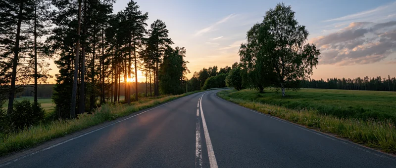 Curving two-lane asphalt road through forest and field at sunset