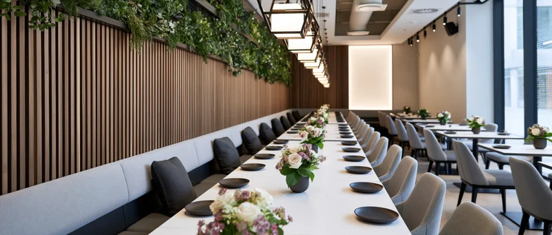 Long white dining tables set with floral centerpieces and gray chairs in a modern upscale restaurant interior