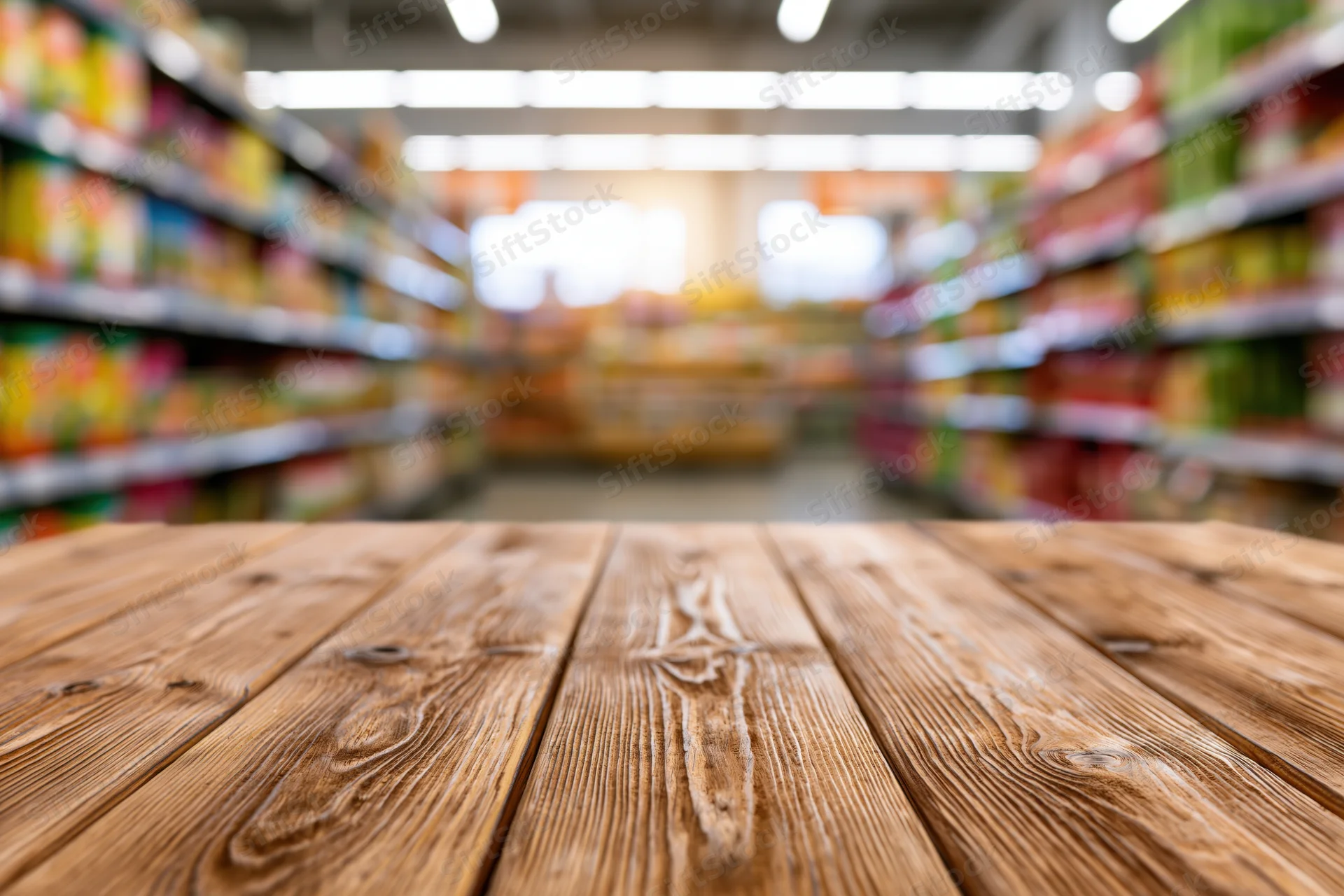 Wooden table surface in foreground looking down supermarket aisle with shelves and products blurred in background