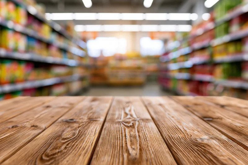 Wooden table surface in foreground looking down supermarket aisle with shelves and products blurred in background
