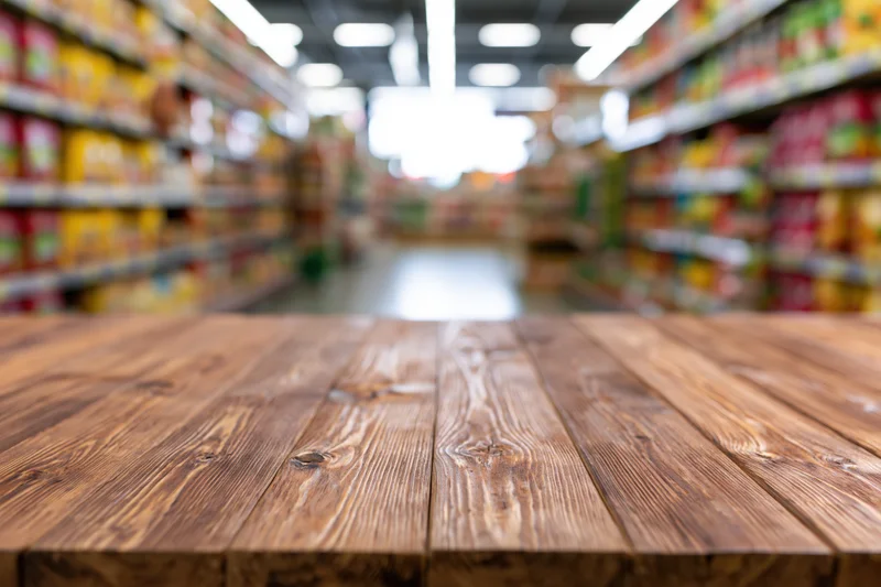 Wooden table surface in foreground looking down supermarket aisle with shelves of products in background