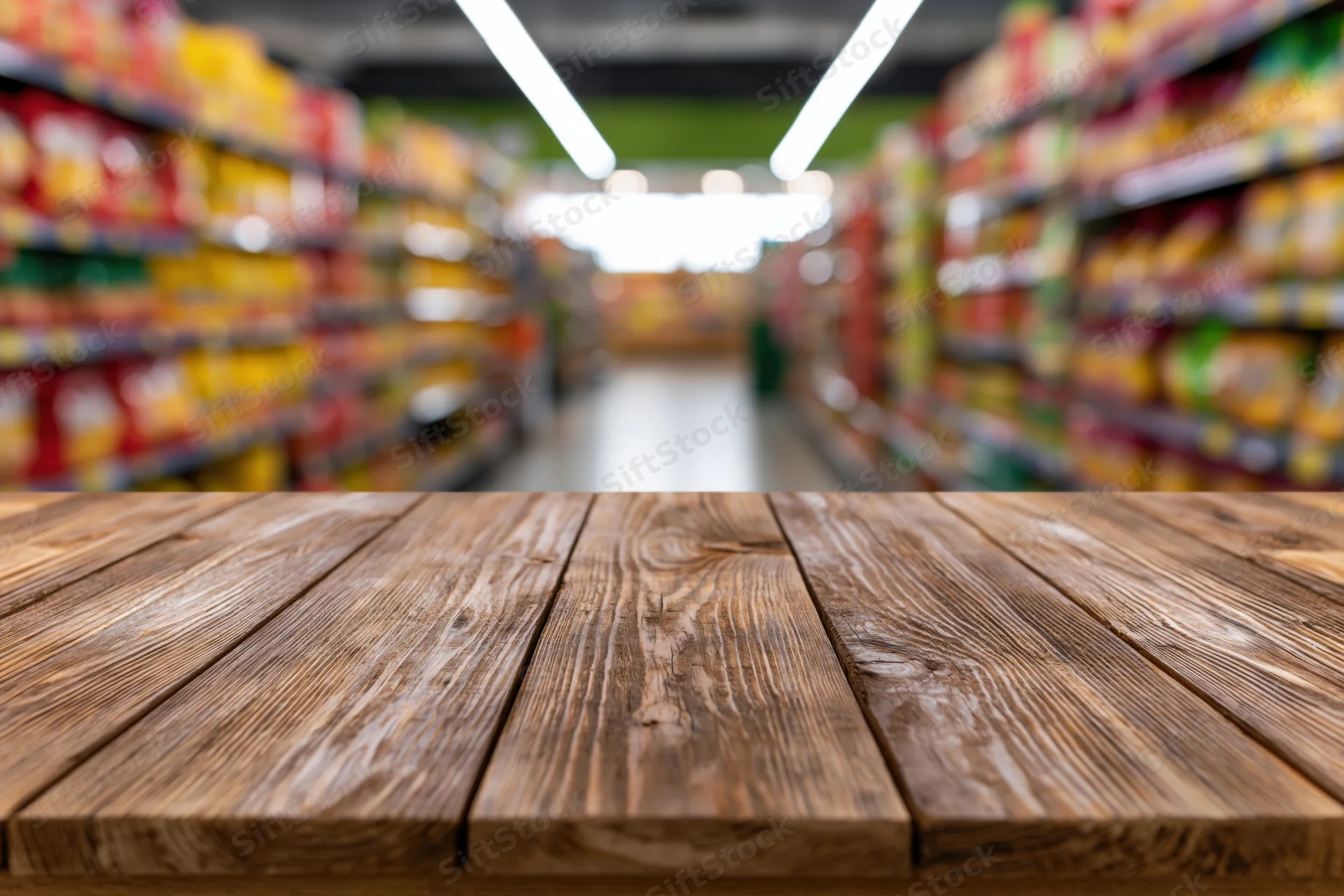 Wooden tabletop in foreground looking down a supermarket aisle with blurred shelves and products in background