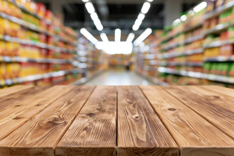 Wooden table surface in foreground looking down supermarket aisle with blurred shelves and fluorescent lighting