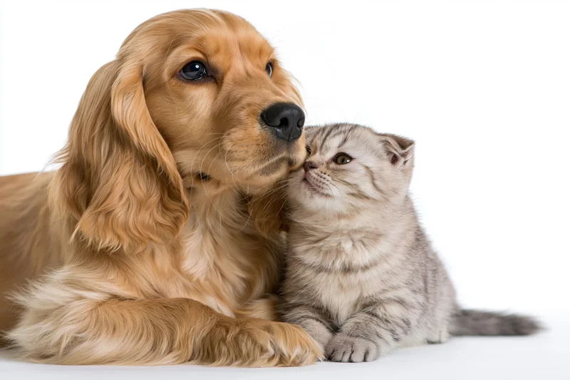 Golden puppy nuzzling a gray kitten on white background
