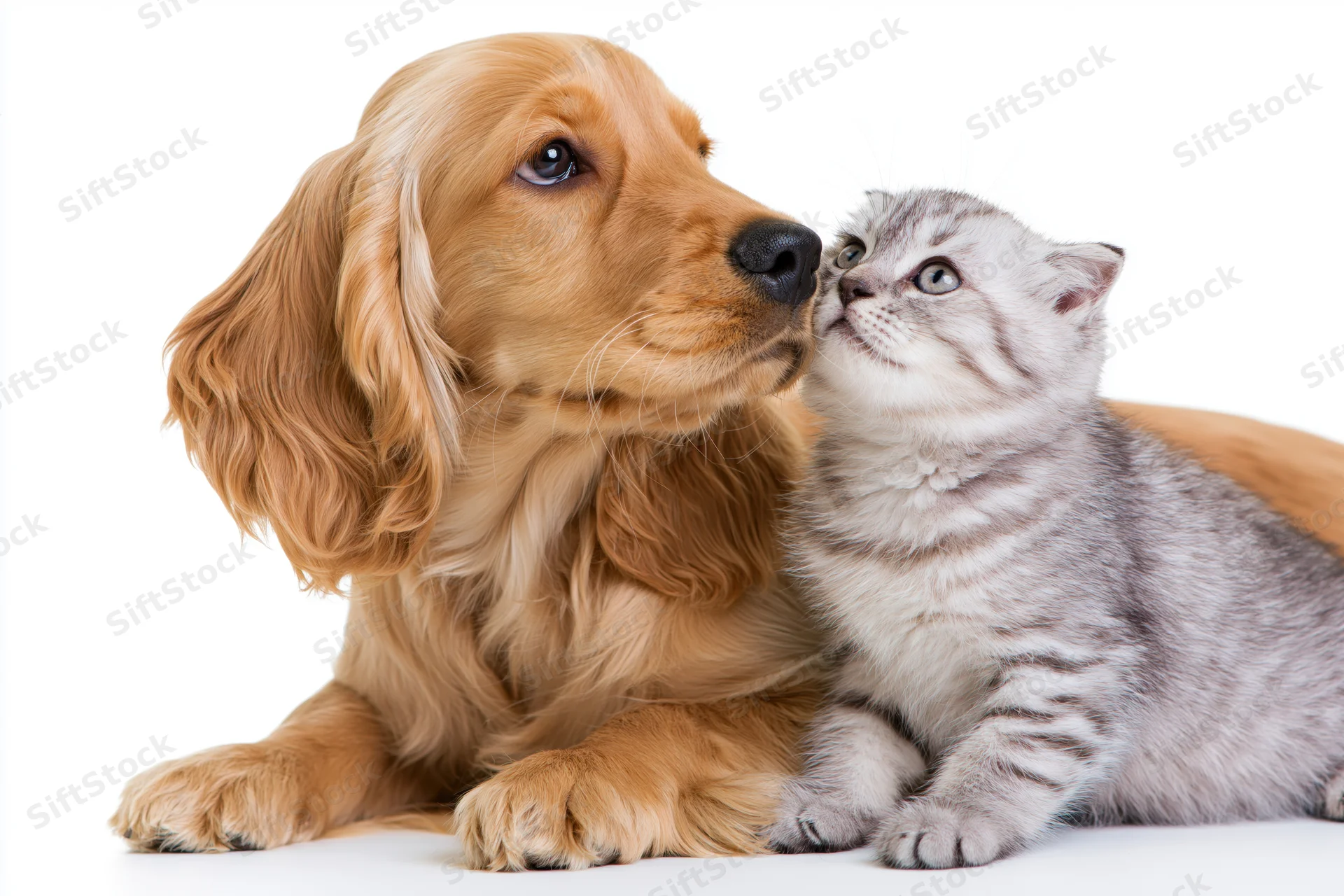Englishcocker spaniel puppy nuzzling a silver tabby kitten on white background