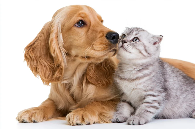 Englishcocker spaniel puppy nuzzling a silver tabby kitten on white background