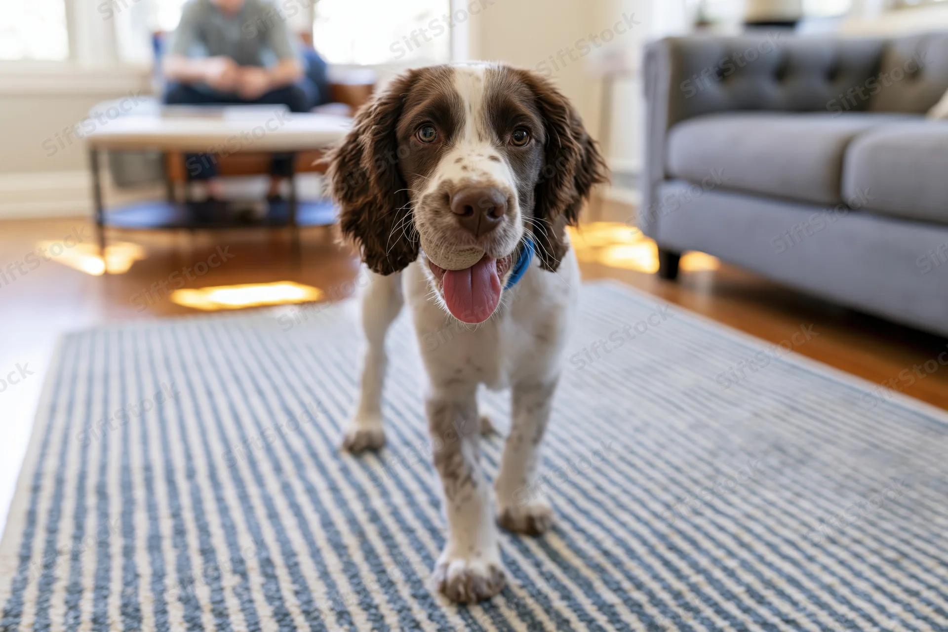 Englishspringerspaniel puppy standing on striped rug in living room with person sitting in background