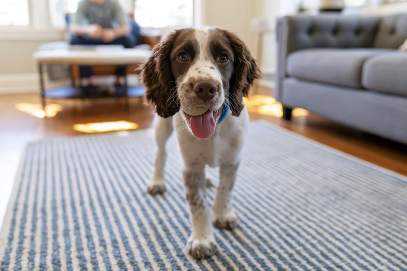 Englishspringerspaniel puppy standing on striped rug in living room with person sitting in background