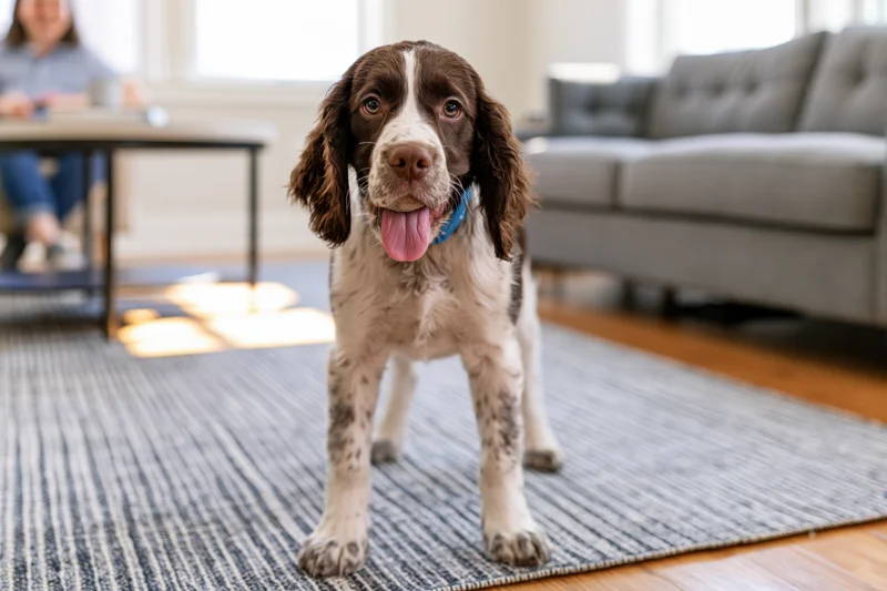 Englishspringerspaniel puppy panting with tongue out on striped rug in living room