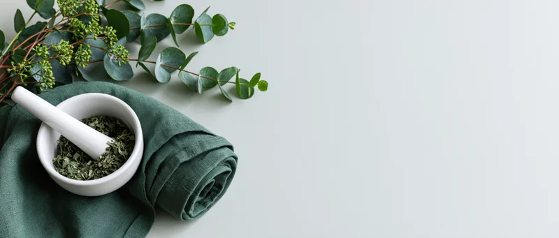 Eucalyptus branches and a white ceramic mortar with crushed herbs on a green cloth, arranged on a light surface with copyspace