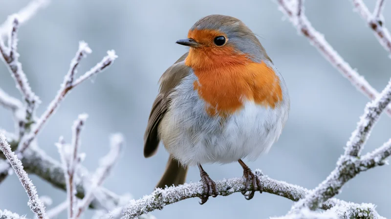 European robin perched on frost-covered branch in winter landscape