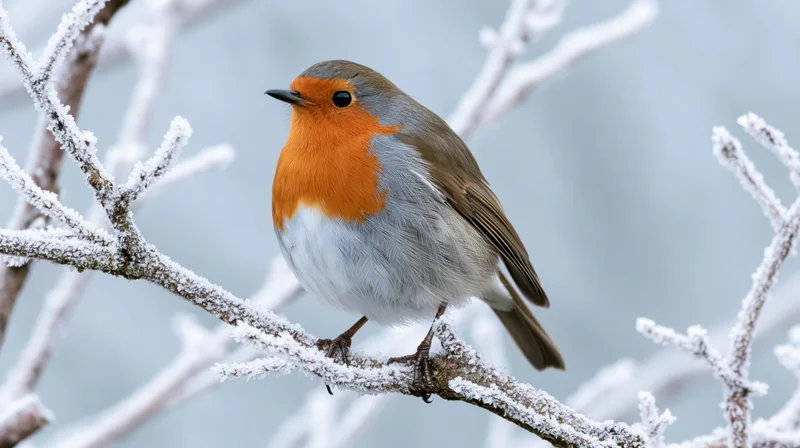 European robin perched on frost-covered branch in winter landscape