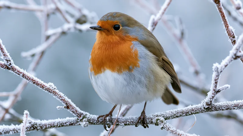 European robin perched on frost-covered branch in winter setting