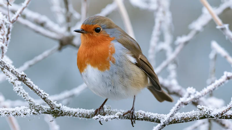 European robin perched on frost-covered twig in winter forest