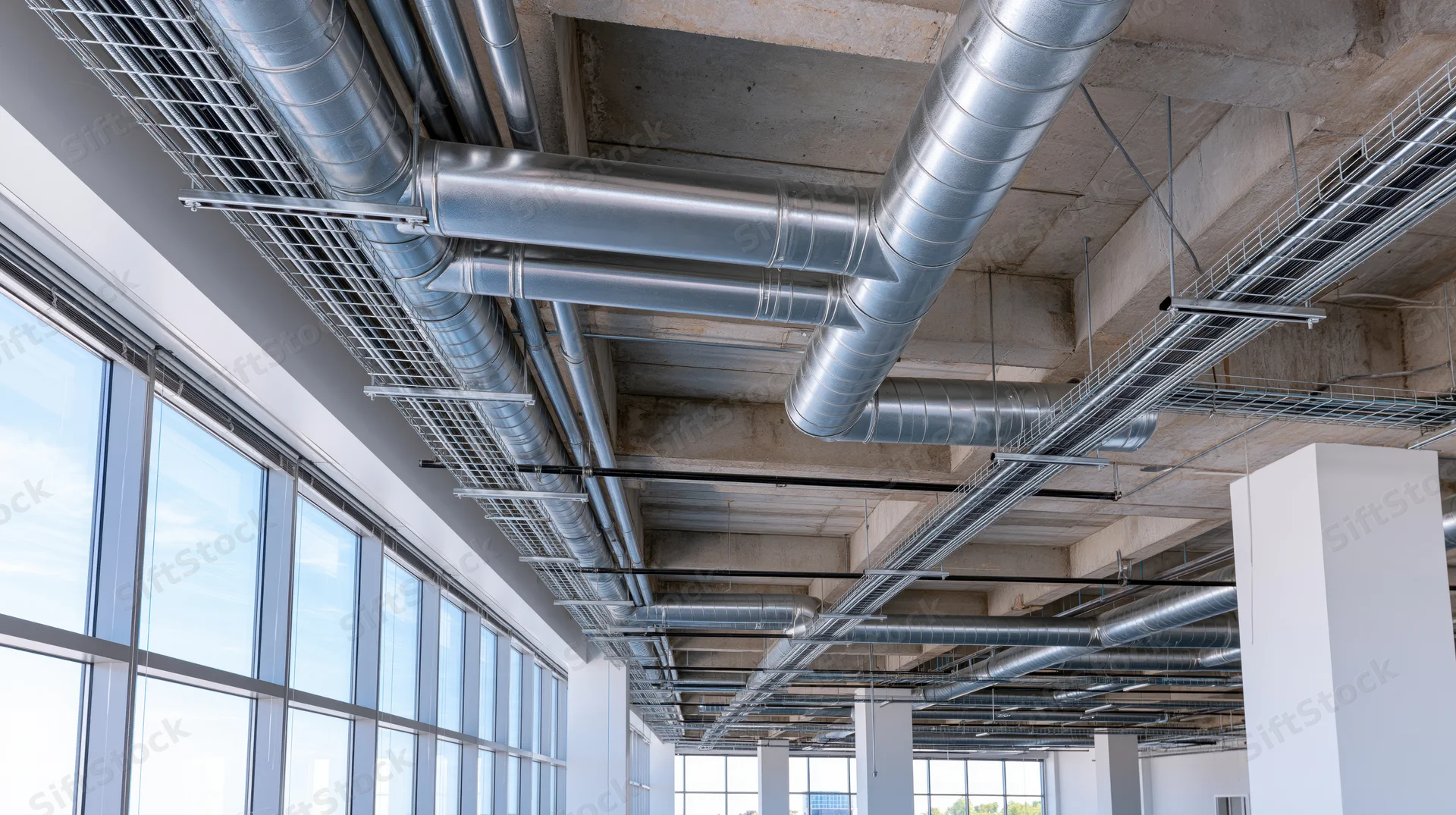Exposed hvac ductwork and metal ventilation pipes running across a concrete ceiling in a modern industrial interior