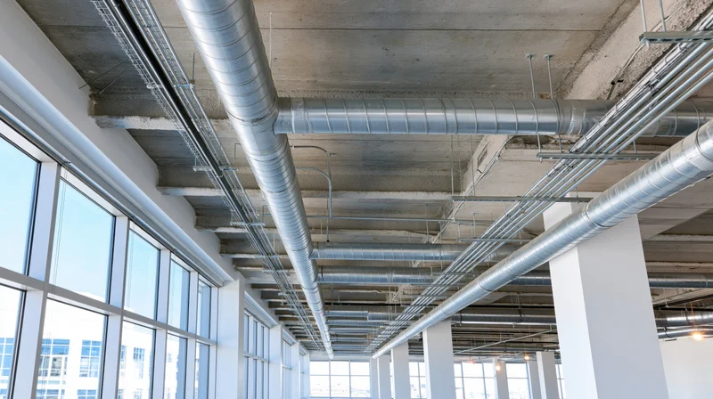 Exposed hvac ductwork and metal ventilation pipes running across a concrete ceiling in a modern office interior