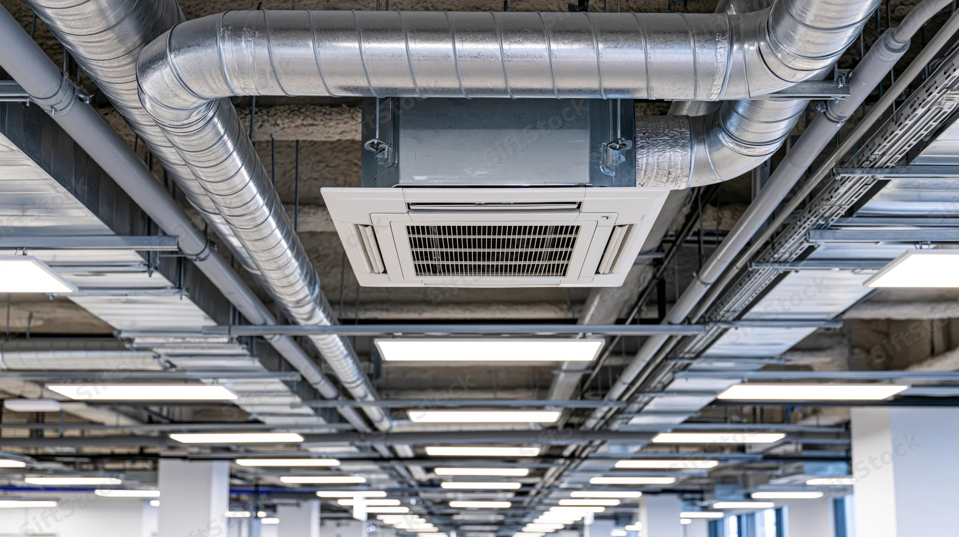 Exposed industrial ceiling with metal ductwork and fluorescent lighting in a commercial building interior