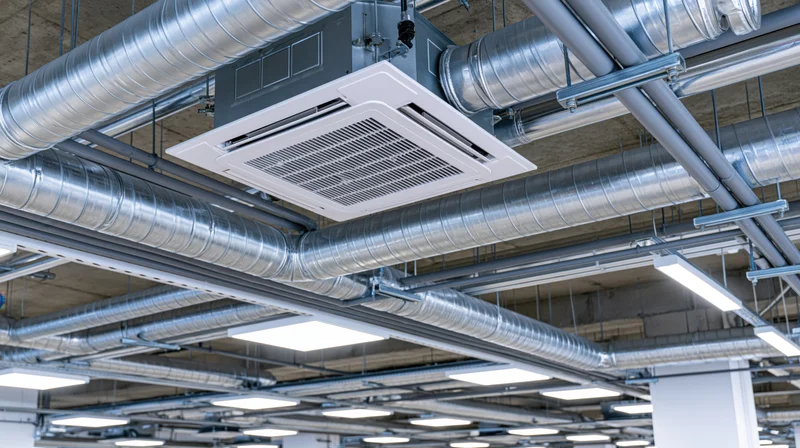 Exposed industrial ceiling with hvac ductwork and fluorescent lighting in a commercial building