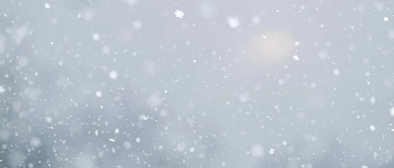 Snowflakes falling against a pale gray sky with soft bokeh and blurred background