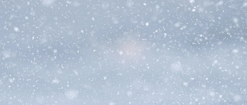 Snowflakes falling against a pale sky with soft light and blurred particles drifting in winter