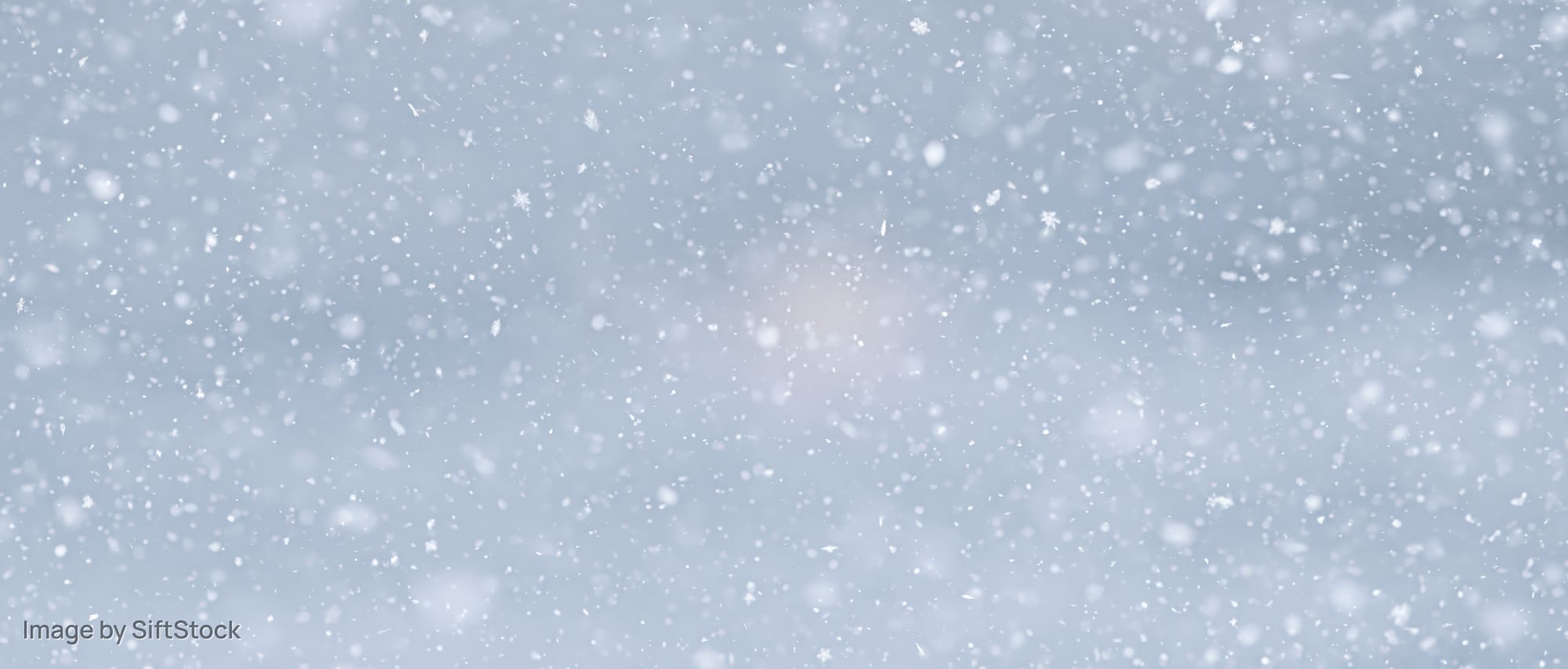Snowflakes falling against a pale sky with soft light and blurred particles drifting in winter