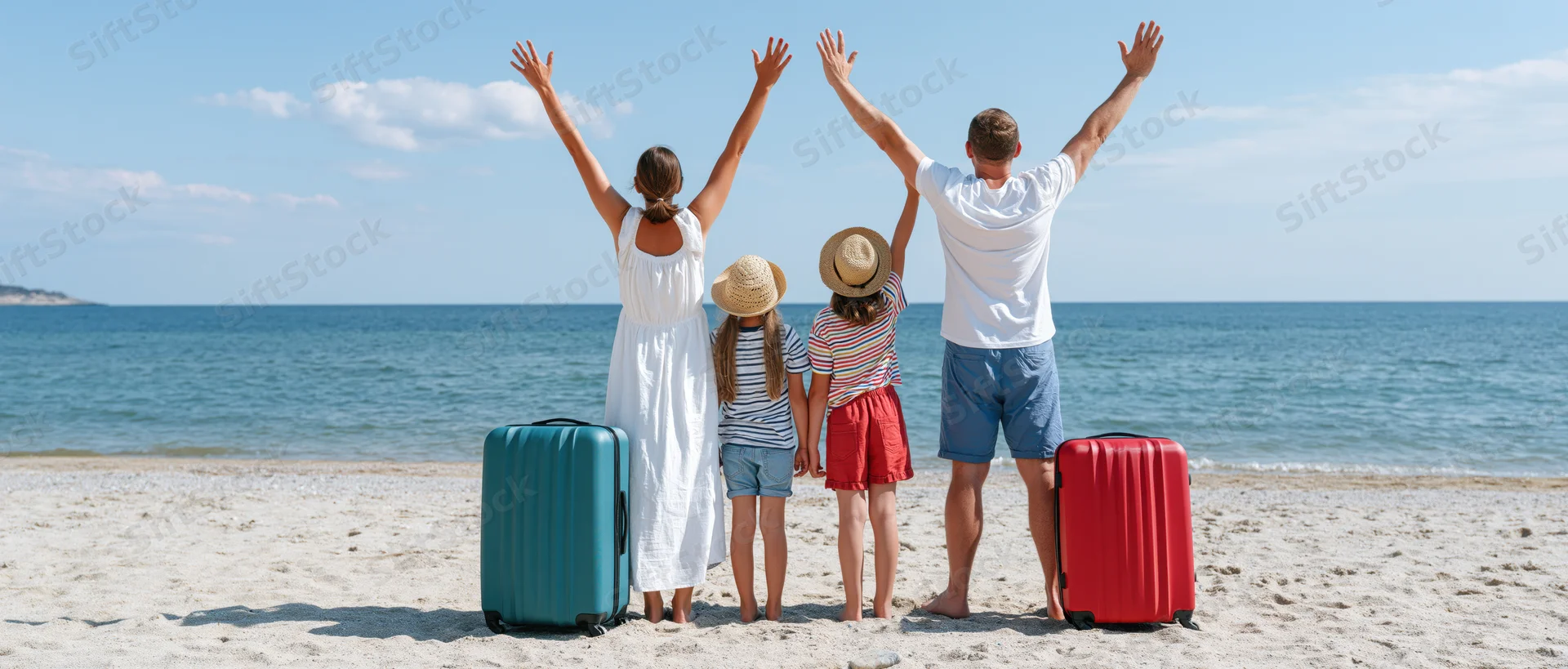 Family of four standing on sandy beach with arms raised facing ocean, luggage beside them