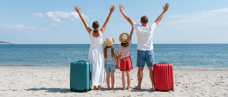 Family of four standing on sandy beach with arms raised facing ocean, luggage beside them