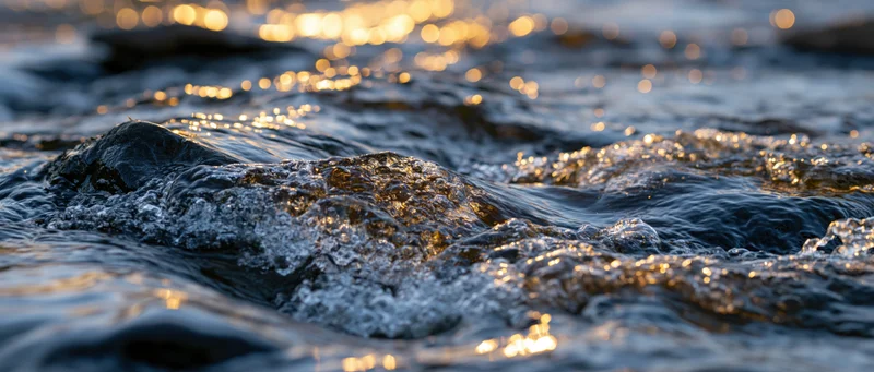 Fast-moving river rapids churning over dark wet rocks at sunset