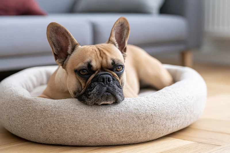 Fawn french bulldog lying alert in a cream dog bed on wooden floor near sofa