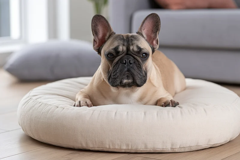 Fawn french bulldog lying alert on a round cream-colored dog bed in a living room