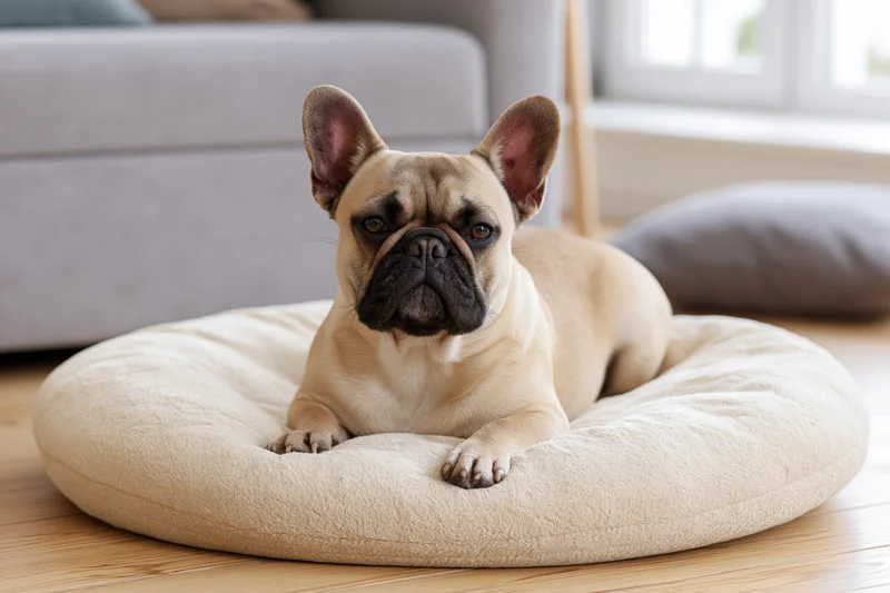 Fawn french bulldog lying alert on a round cream-colored dog bed in a living room