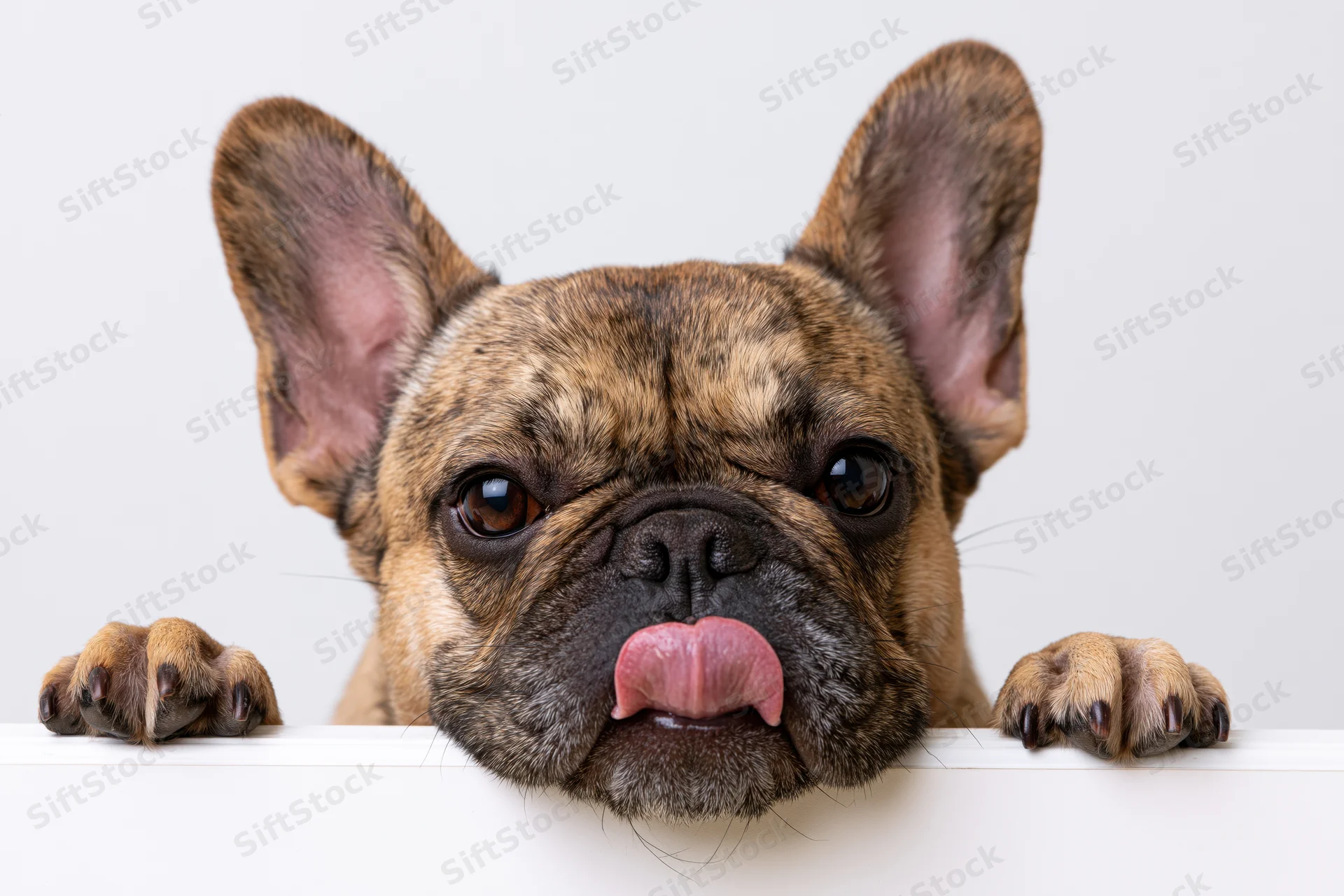 Fawn brindle french bulldog peeking over white ledge with tongue out and paws resting on edge