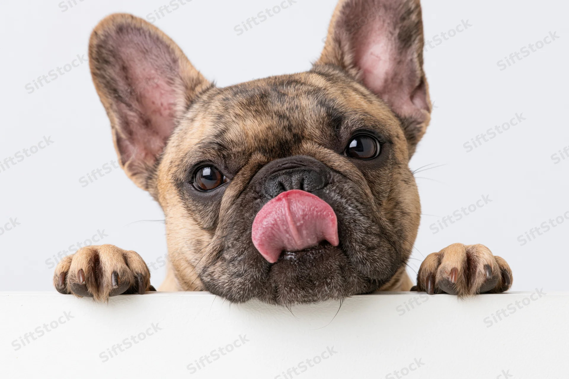 Fawn brindle french bulldog peeking over white ledge with tongue out and paws visible