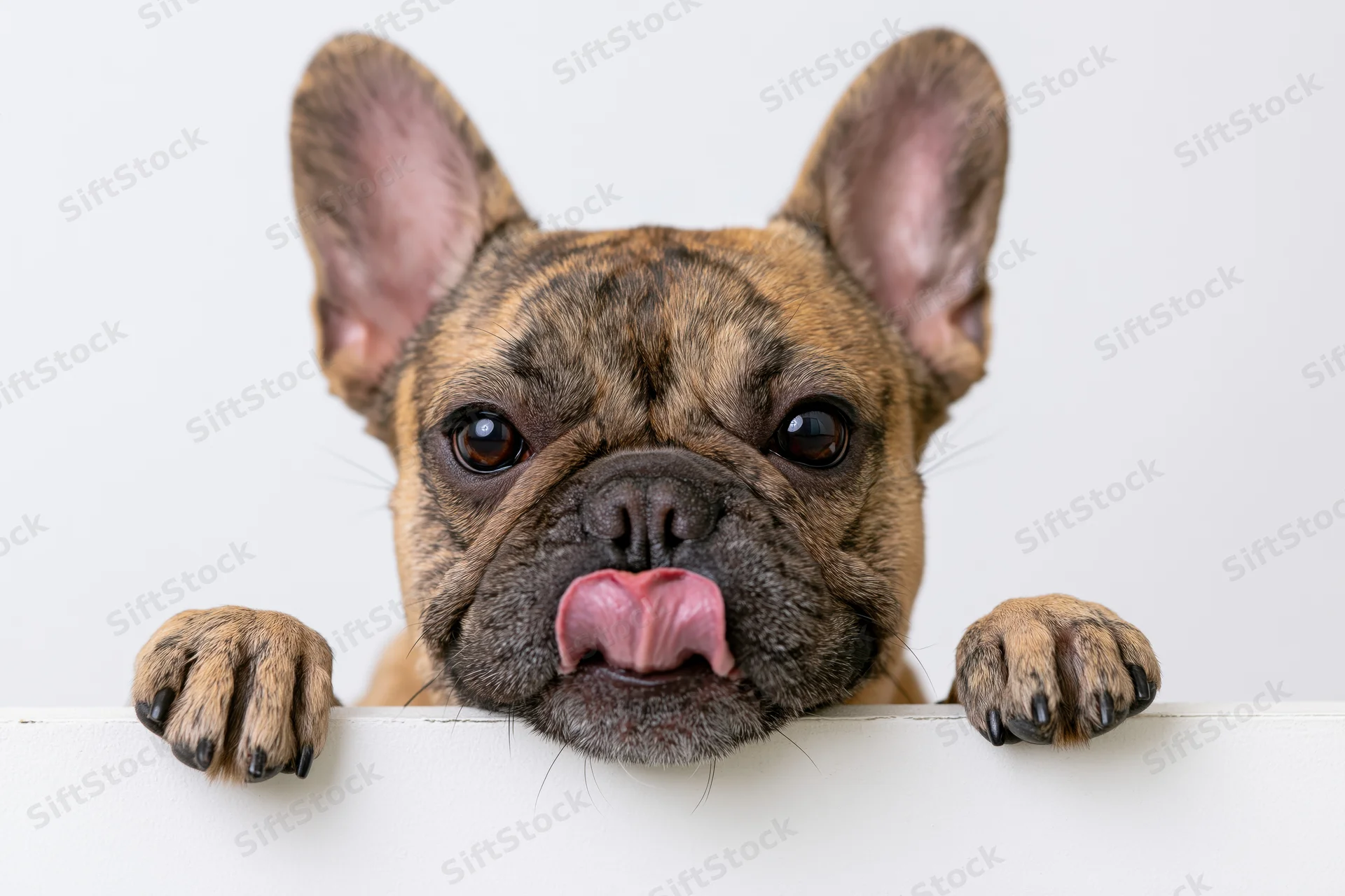 Fawn brindle french bulldog peeking over white ledge with tongue out and paws resting on edge