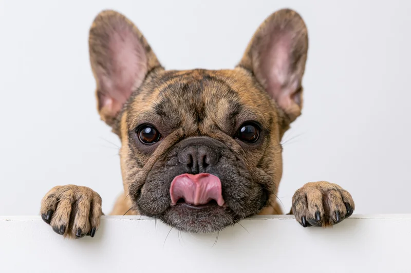 Fawn brindle french bulldog peeking over white ledge with tongue out and paws resting on edge