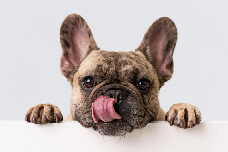 Fawn brindle french bulldog peeking over white ledge with tongue out
