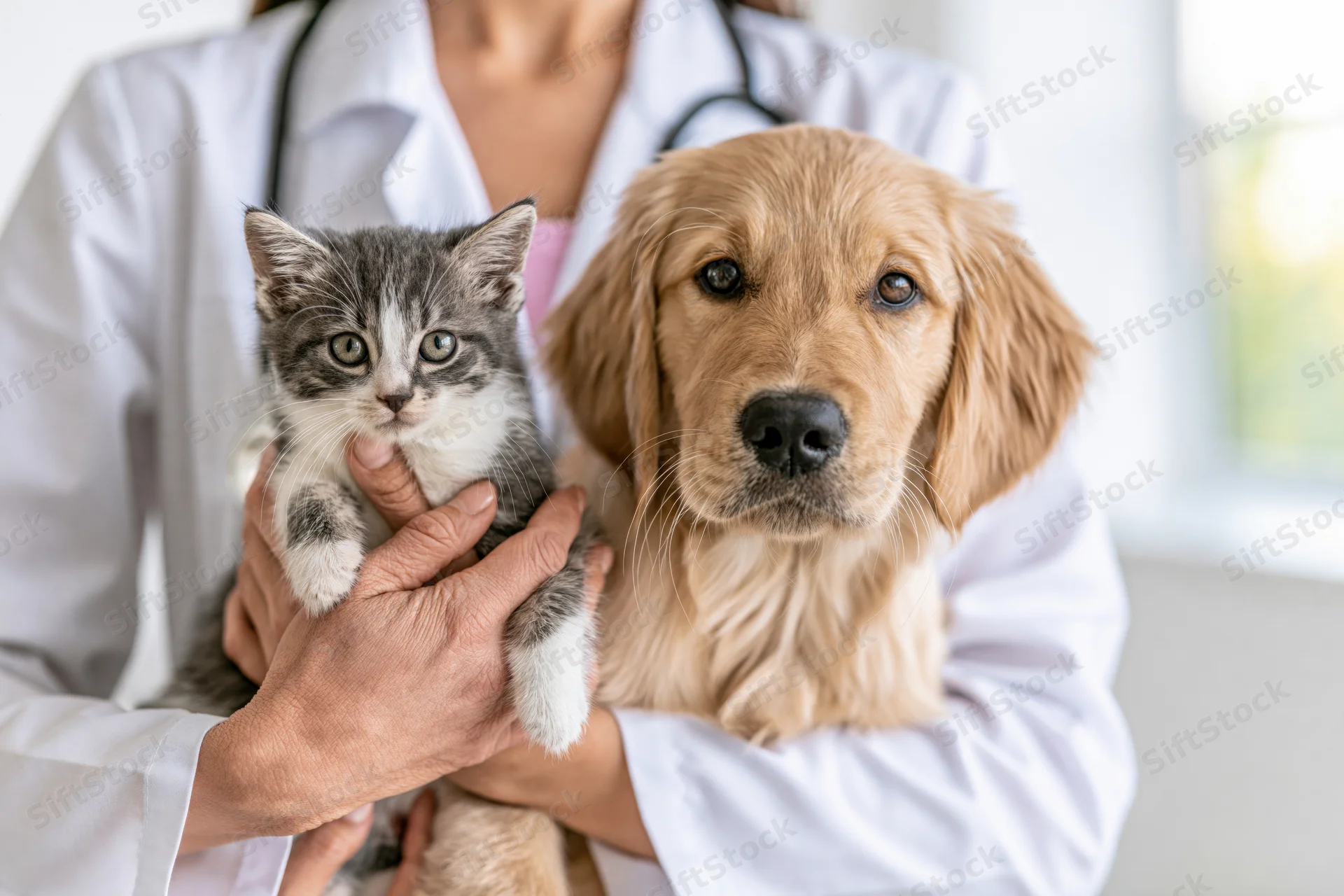 Female veterinarian holding a young tabby kitten and a golden retriever puppy in a clinic