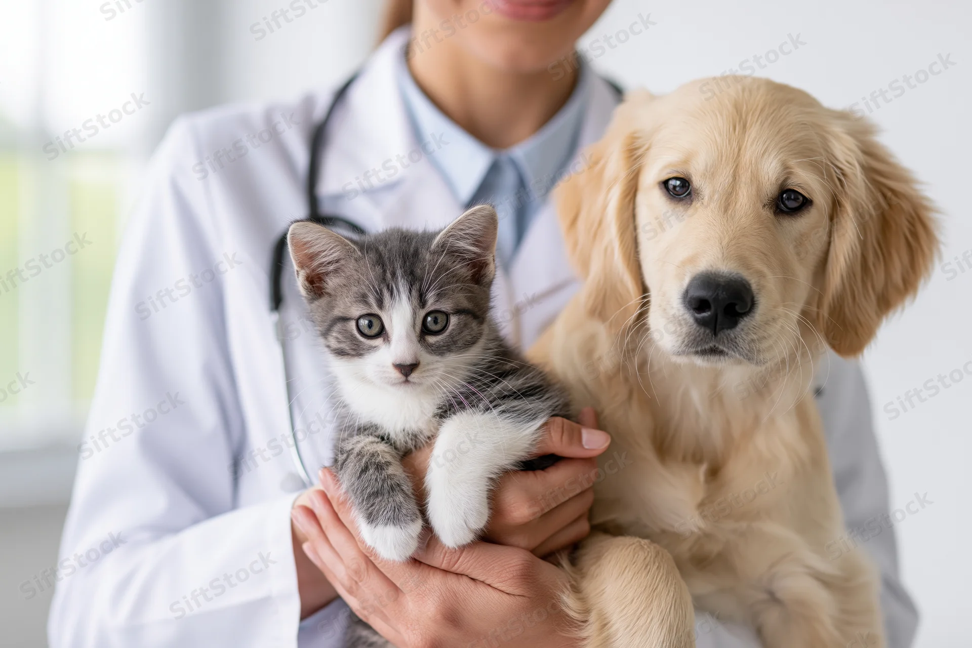 Veterinarian holding a tabby kitten and golden retriever puppy in a clinic