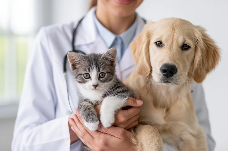 Veterinarian holding a tabby kitten and golden retriever puppy in a clinic