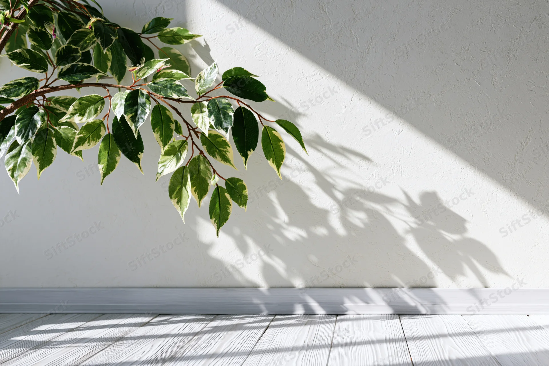 Variegated ficus branch casting shadow on white wall and wooden floor in bright interior