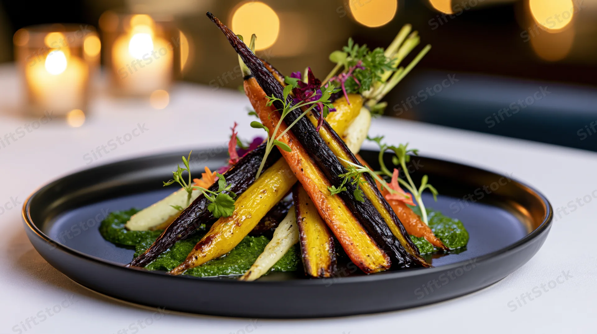 Roasted carrots with microgreens and pesto sauce on a matte black plate at a fine dining table