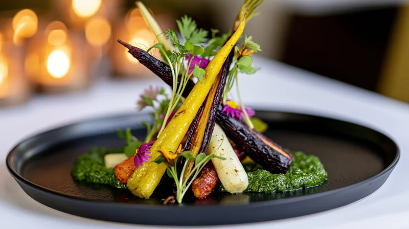 Roasted colorful carrots arranged on a black plate with green sauce and edible flowers in a fine dining setting
