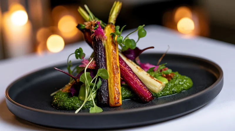 Colorful roasted vegetables with pesto and microgreens on a matte black plate at a fine dining table