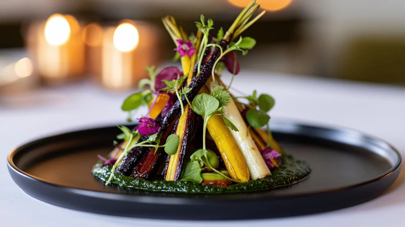 Fine dining vegetable dish arranged in a tower on a matte black plate with microgreens and edible flowers on a white tablecloth