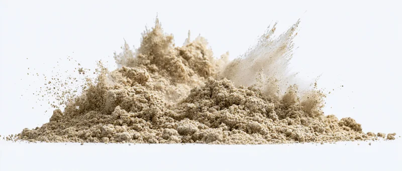 Fine dry sand mid-explosion burst frozen in motion against white background