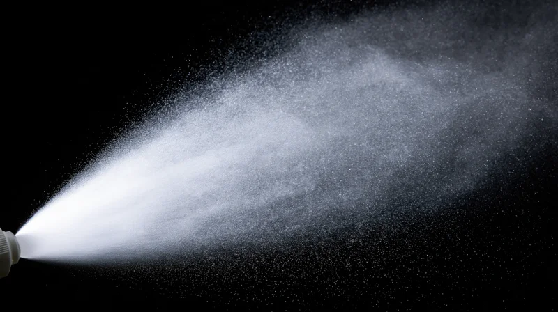 Fine water mist spraying horizontally from a nozzle against black background