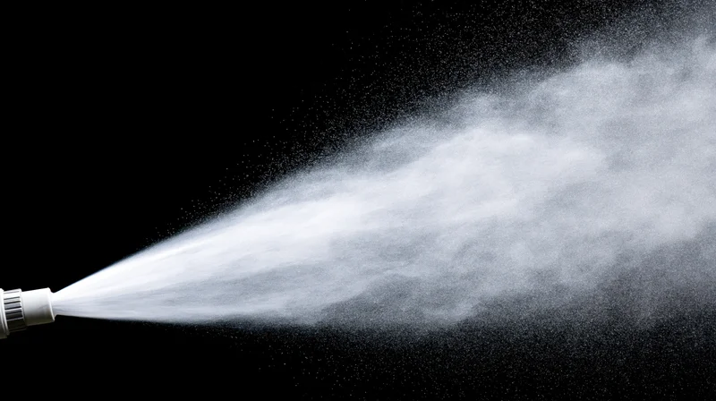 Fine water mist spray jet shooting horizontally from a nozzle against black background