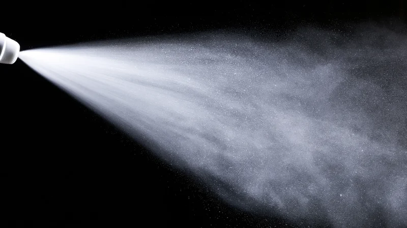 Fine water mist spraying horizontally from a nozzle against black background